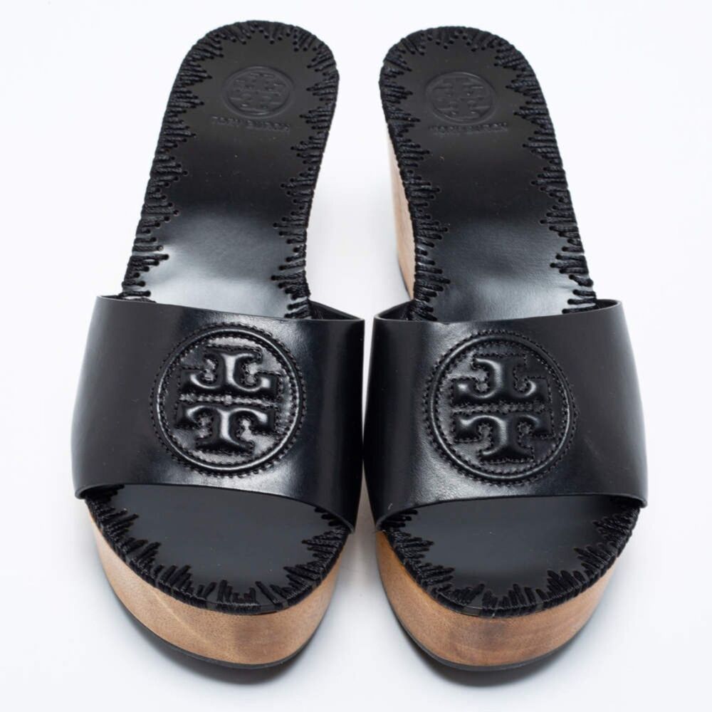 Tory Burch Black Leather Patti Wedge Slide Sandals 6